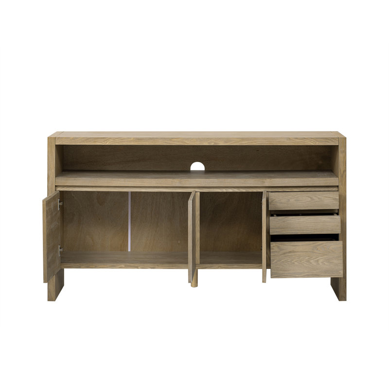 60" 3-Door Sideboard With 3 Drawers - Modern Solid Ash Veneer MDF Sideboard, Semi-Open Shelf & Center Semi-Circular Cutout In Back Panel, Large Storage Cabinet For Living Room, Hallway, Dining