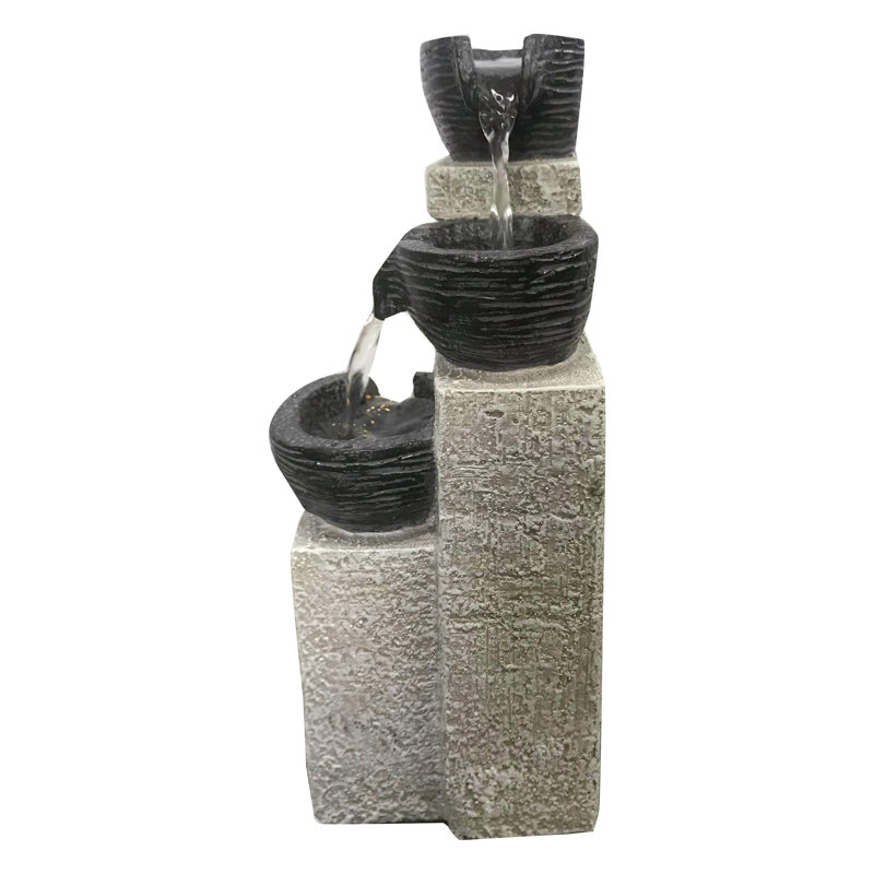 11" Beige and Black Stacking Bowls Fountain with LED Lights
