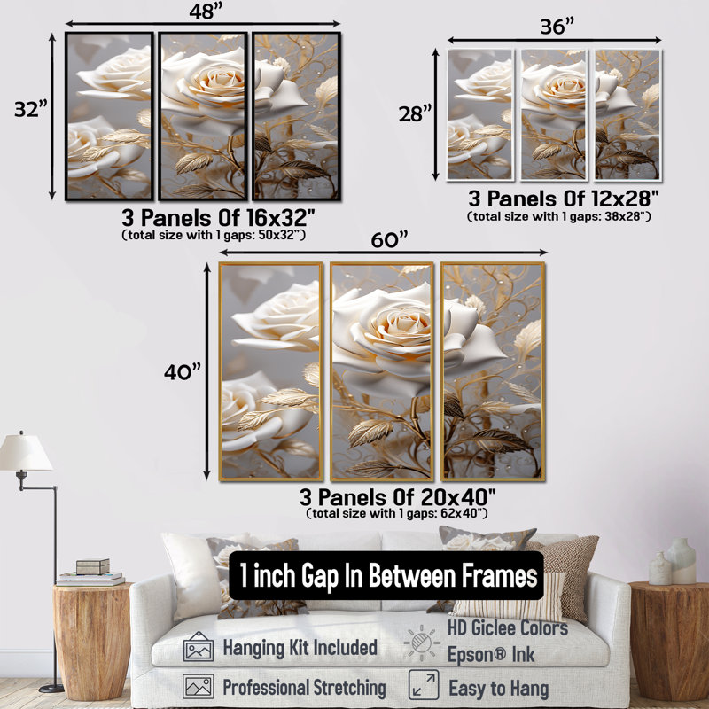 «White Rose Golden Leaves On Grey II - Roses», ensemble d'art mural, Cadre flottant noir, H 40 po x l 60 po x P 1 po