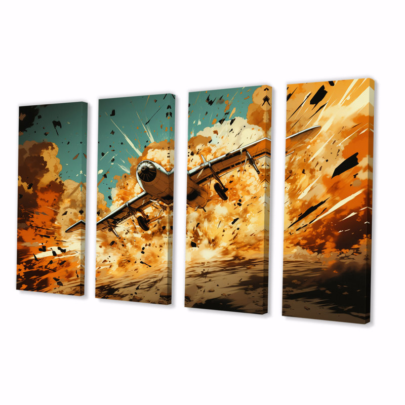 Avion qui décolle en pleine action sur toile, reproduction de 4 pièces