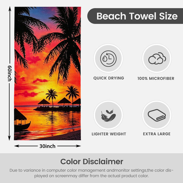  Serviette de plage en microfibre légère, absorbante et sans décoloration, 30 po x 60 po, cabane de coucher de soleil tropicale