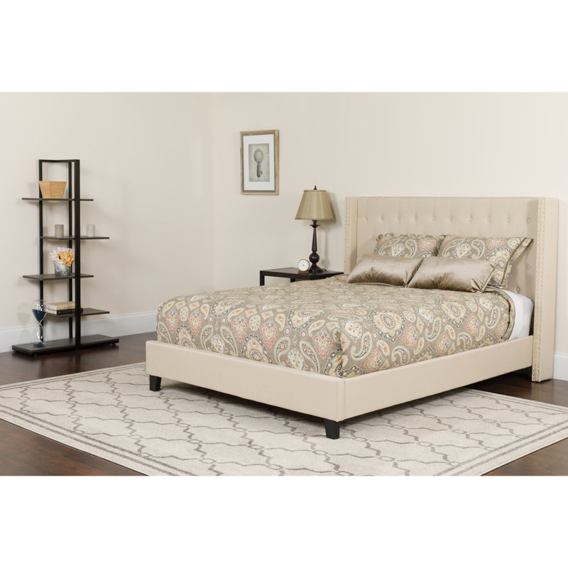 Aluino Tufted Upholstered Platform Bed w/ Memory Foam Pocket Spring Mattress, Beige, Twin