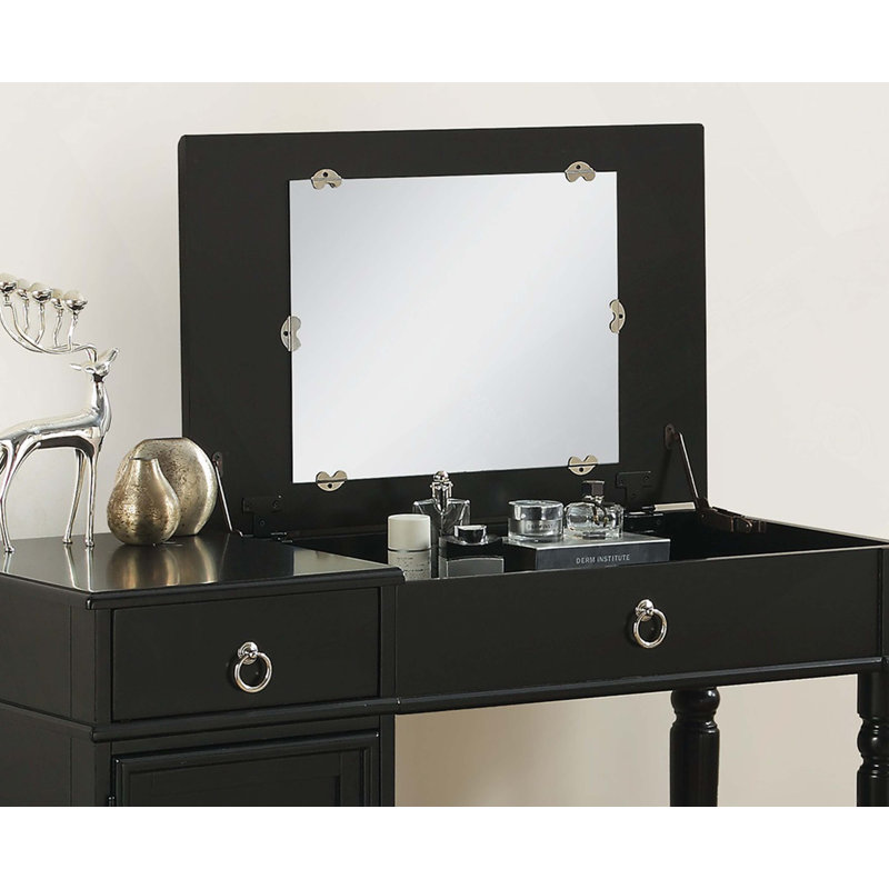 Bedroom Vanity Set W Stool Open Up Mirror Storage Space Drawers Rubber Wood Ring Pull Handles Black Color Vanity, Black