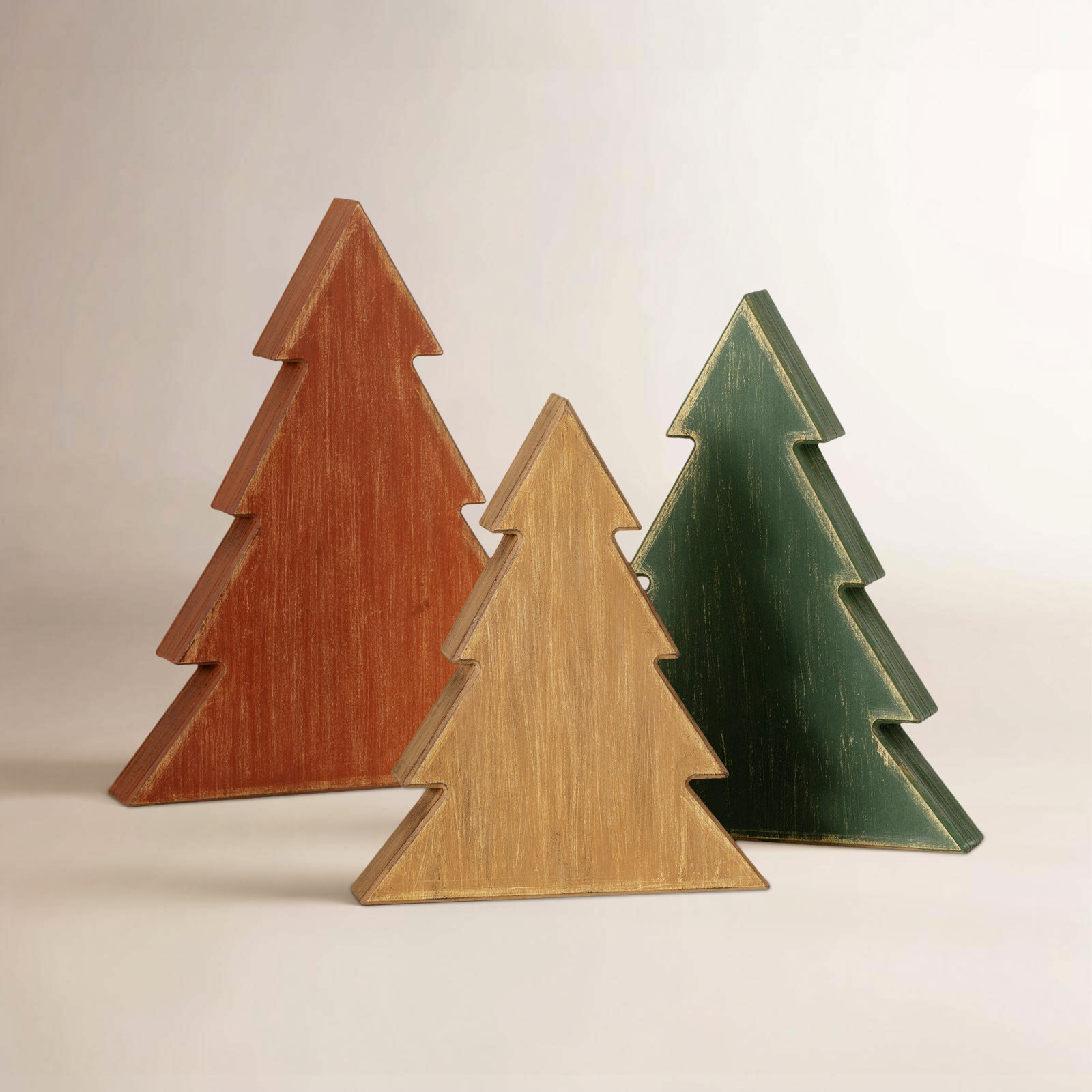 11.5"H, 13.5"H And 15.5"H Wooden Tree Block Set Of 3, Christmas Decor; Multicolored