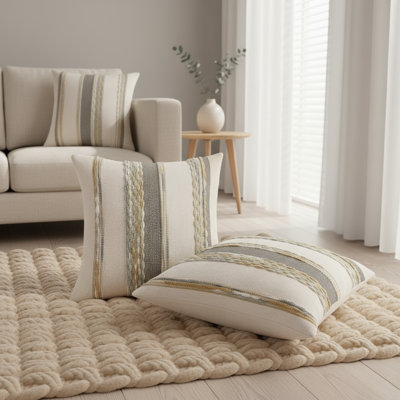 Striped Square Chenille Pillow Covers, 18X18 Inches Set Of Two, Orange-Gray Neutral Tone Bohemian Farmhouse