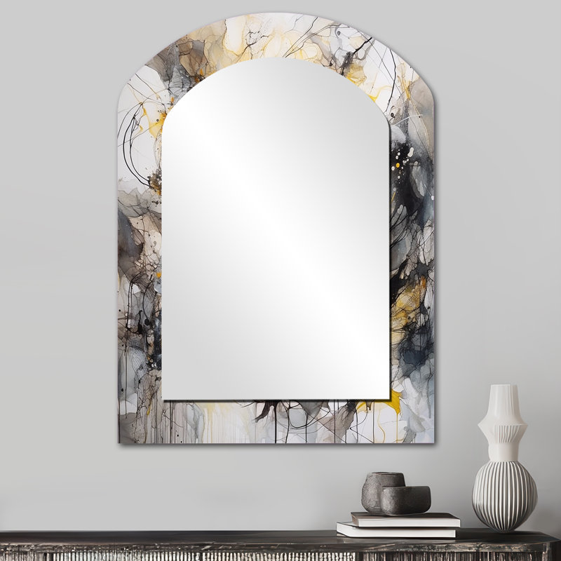 Yellow Grey Marble Symphony II - Abstract Arch Decorative Wall Mirror, Yellow Asymmetrical Large Mirror, Printed Metal Art