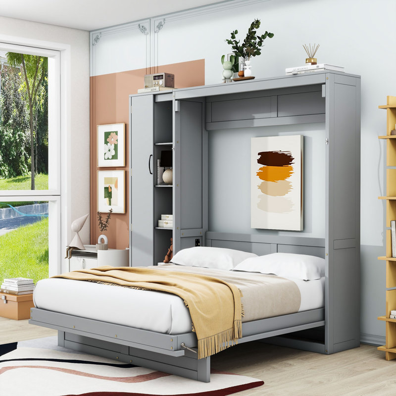 Lit escamotable double avec tablettes, garde-robe et lumières DEL, gris