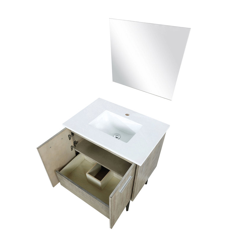 Rustique 30 po Meuble-lavabo large avec surface en quartz blanc, miroir mural de 28 po, charnières à fermeture douce, plateau de qualité supérieure, portes fermées, intérieur spacieux
