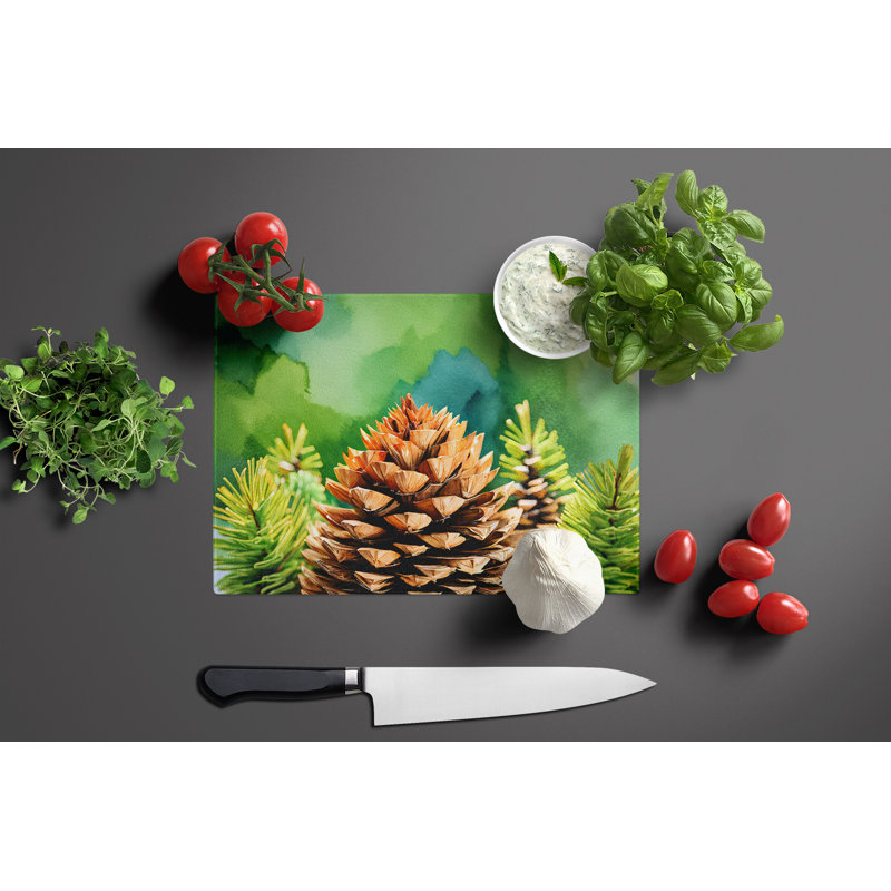Maine White Pine Cone and Tassels in Watercolor Glass Cutting Board Large