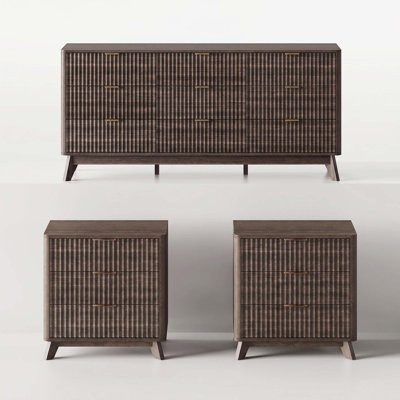 Ensemble de chambre à coucher 3 pièces, commode 9 tiroirs et tables de chevet 3 tiroirs