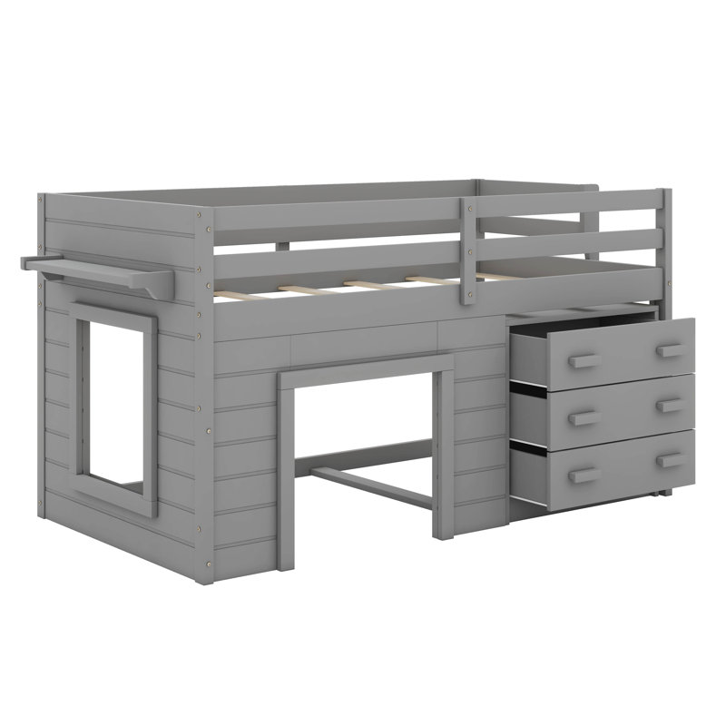 Lit mezzanine simple avec armoire de rangement et tablette, Gris