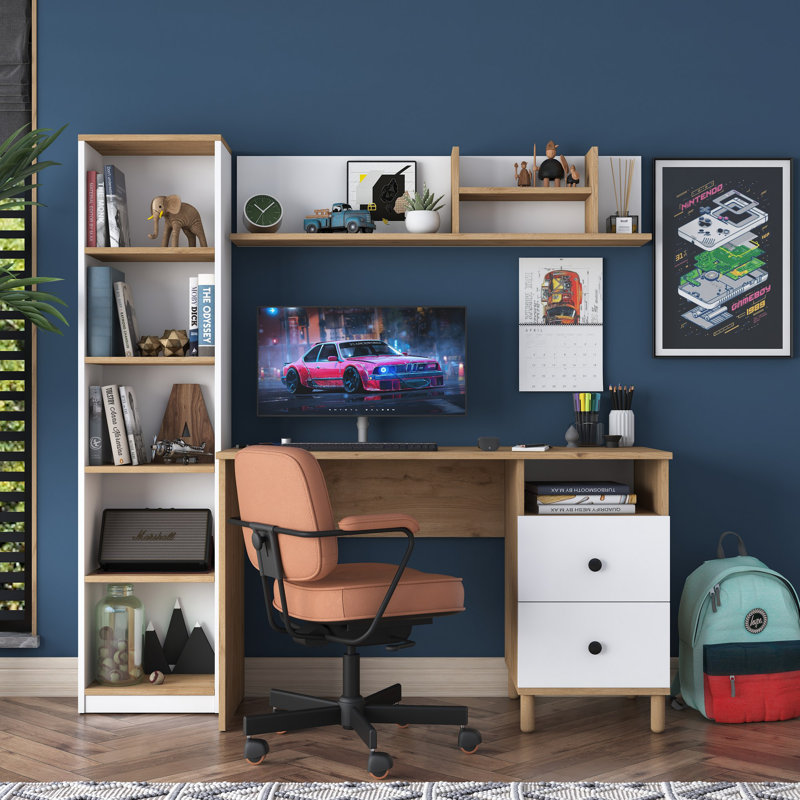 Modern Study Desk with Walnut & White Finish, 47.2 x 63.7 x 19.7 inches | 100% Melamine Coated Particle Board, Thickness: 0.7 inches | Stylish & Functional Design for Home Office & Study Spaces, Easy to Assemble
