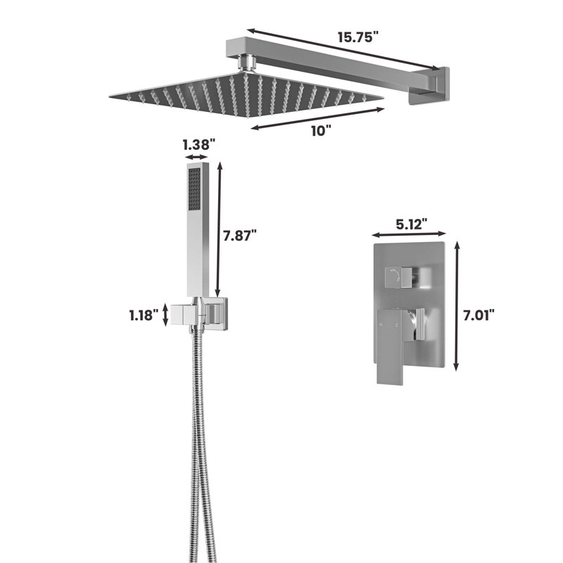 2-Function Concealed Pressure-Balance Valve Shower Set with Stainless Steel Square Top