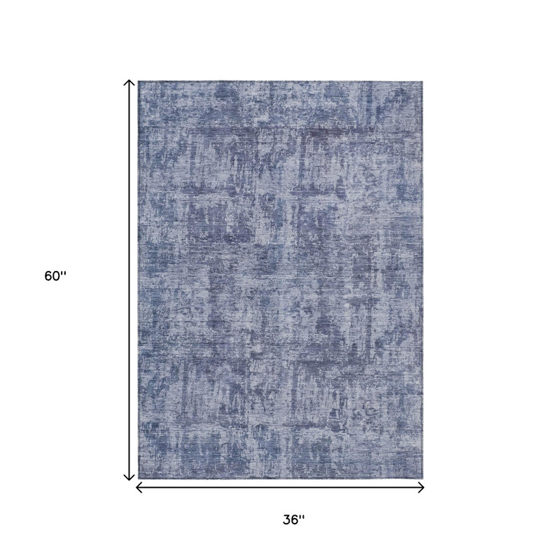 3' X 5' Blue And Ivory Abstract Washable Indoor Outdoor Area Rug
