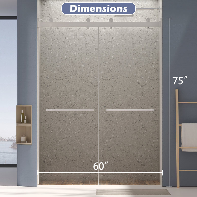 Double porte de douche sans cadre coulissante l 56 à 60 po x H 75 po, porte de douche coulissante avec porte de douche en verre trempé transparent de 5/16 po (8 mm), conception silencieuse à fermeture en douceur, salle de bain facile à nettoyer, nickel brossé