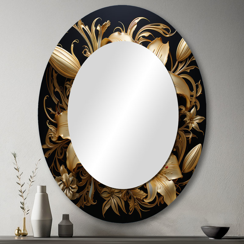 Golden Lily Flower Glam On Black V - Modern Farmhouse Oval Wall Mirror, 43" x 33"