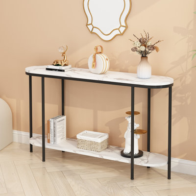 42" 2-Tier Faux Marble Console Table, Narrow Entryway Sofa Table with Metal Frame for Small Spaces