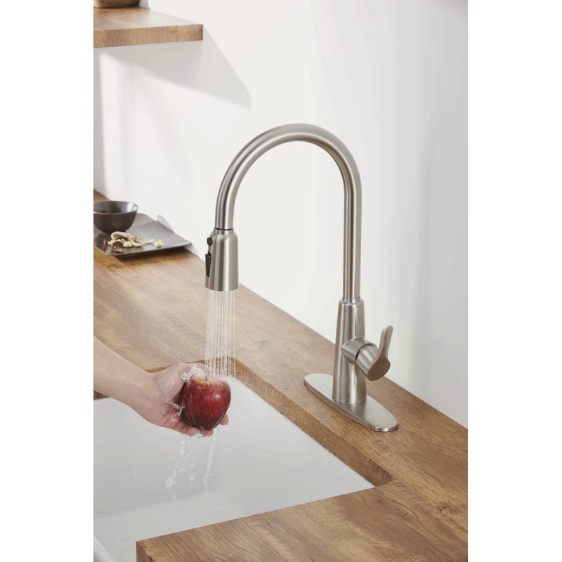 Kitchen Sink Faucet With Pull Out Sprayer Brushed Nickle,Stainless Steel High Arc Kitchen Sink Faucet, 3 Way Setting Single Handle Kitchen Faucets With Deck Plate