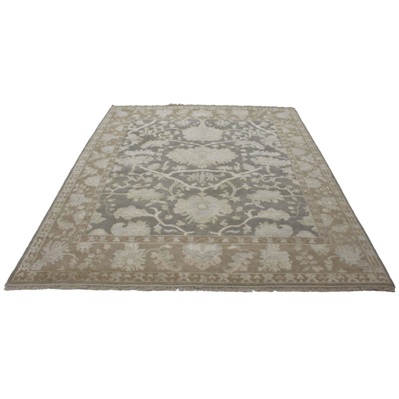 Tapis oriental beige / gris en laine / coton fait à la main 8 pi x 10 pi Oriental
