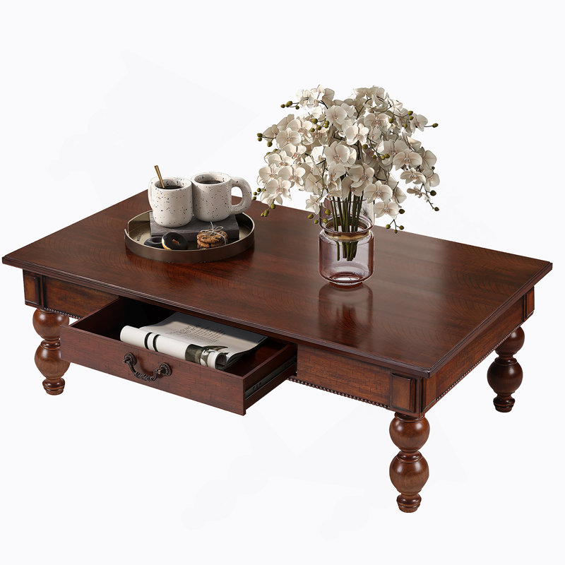 Table basse rectangulaire en bois rétro avec tiroir de rangement et gourde en bois massif - Pieds en forme d'assemblage sans outils pour le salon