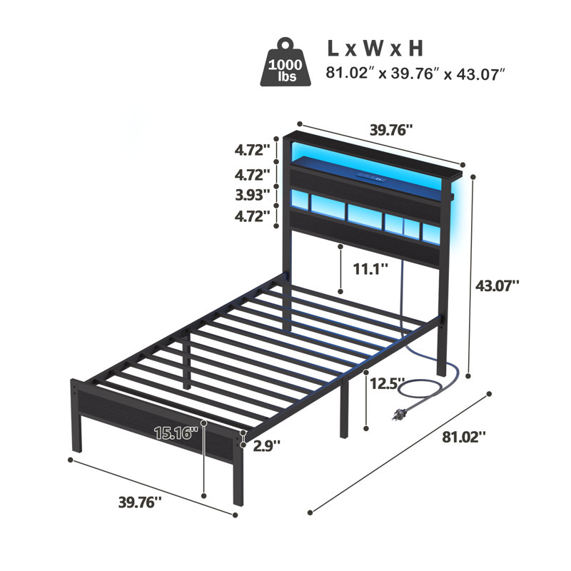 Structure de lit simple avec tablettes à 2 niveaux, lit plateforme moderne avec station de charge et lumière DEL, pas de sommier nécessaire