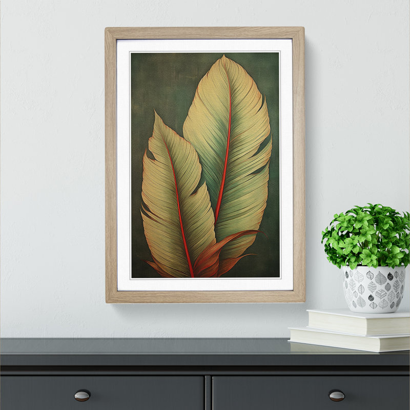 Palm Leaf Classicism - Single Picture Frame Print on Wood, Oak , 64cm H x 46cm W x 2cm D