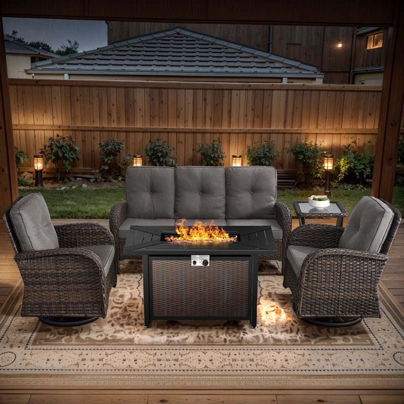 Aluel 5-Pieces Outdoor Wicker Patio Conversation Furniture Set with Rocking & Swivel Chairs and Rectangular Fire Pit Table with Windshield