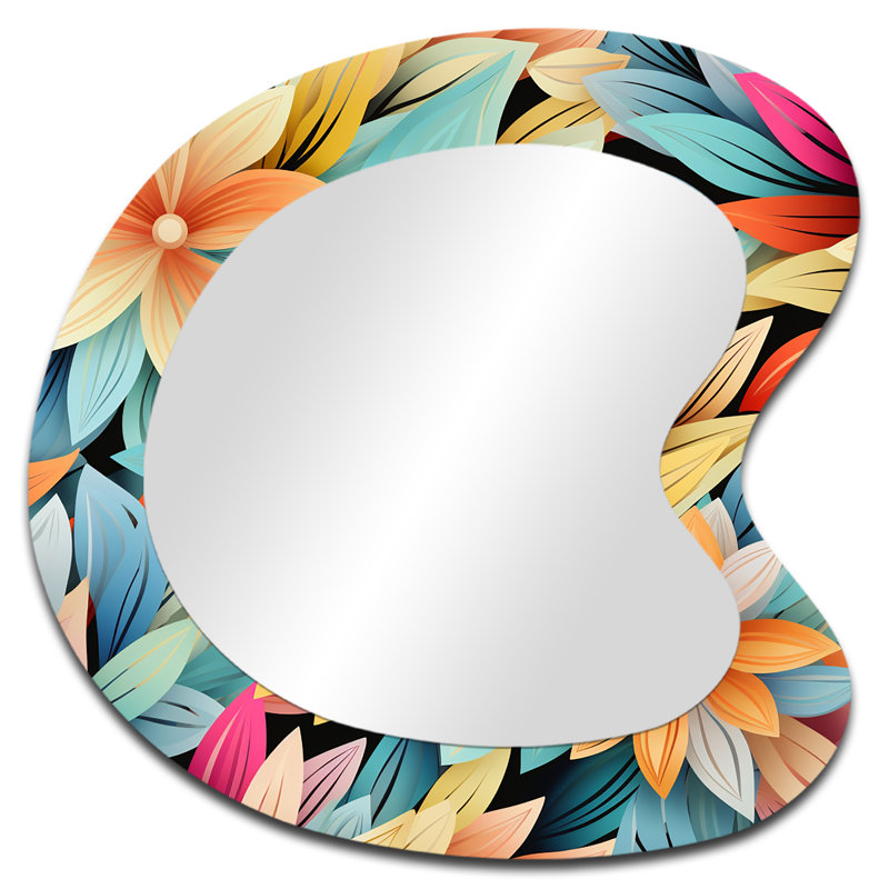 Lampkin Multicolor Chrysanthemum Mandala Boho Pattern - Floral Irregular Shape Decorative Wall Mirror, Cottage Asymmetrical Mirror, Printed Metal Art