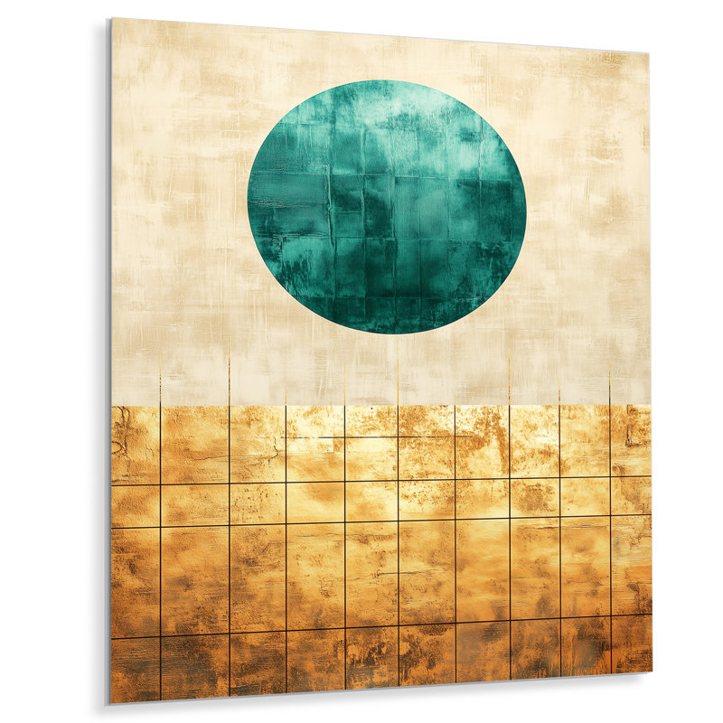 Soleil bleu sarcelle au-dessus de grilles dorées - décoration murale abstraite de style Mid-Century en métal, impression moderne éclectique