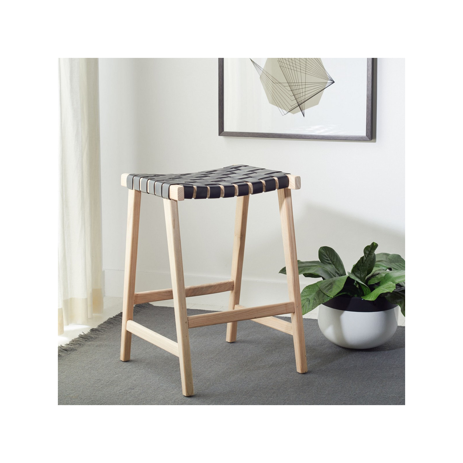 Alston Backless Leather Bar & Counter Stool, Counter Stool (26.77” Seat Height), Light Natural, Black