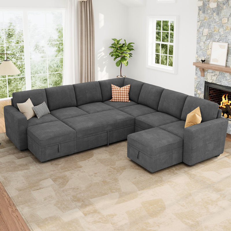 Caren Upholstered Sleeper Sectional Modular Sofa Bed With Ottoman, Gray Corduroy