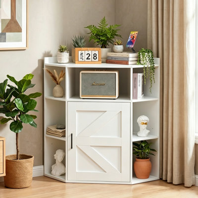 Corner Cabinet With Charging Station, Modern Home Office Storage Cabinet With 2 Outlets And 2 USB Ports, Triangle Bookshelf And Printer Stand With Barn Door For Small Spaces