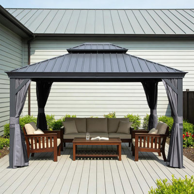 Pavillon de jardin extérieur 11 po x 13 pi, pavillon de jardin à toit rigide avec double toit en acier galvanisé, pavillons de jardin en métal avec système de drainage pour terrasse de patio, rideau et filet
