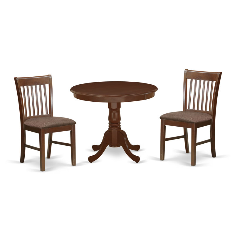 L'ensemble 3 pièces de table et chaises de cuisine comprend une table de salle à manger ronde avec piédestal et 2 chaises de salle à manger en tissu de lin, 36 x 36 pouces, acajou