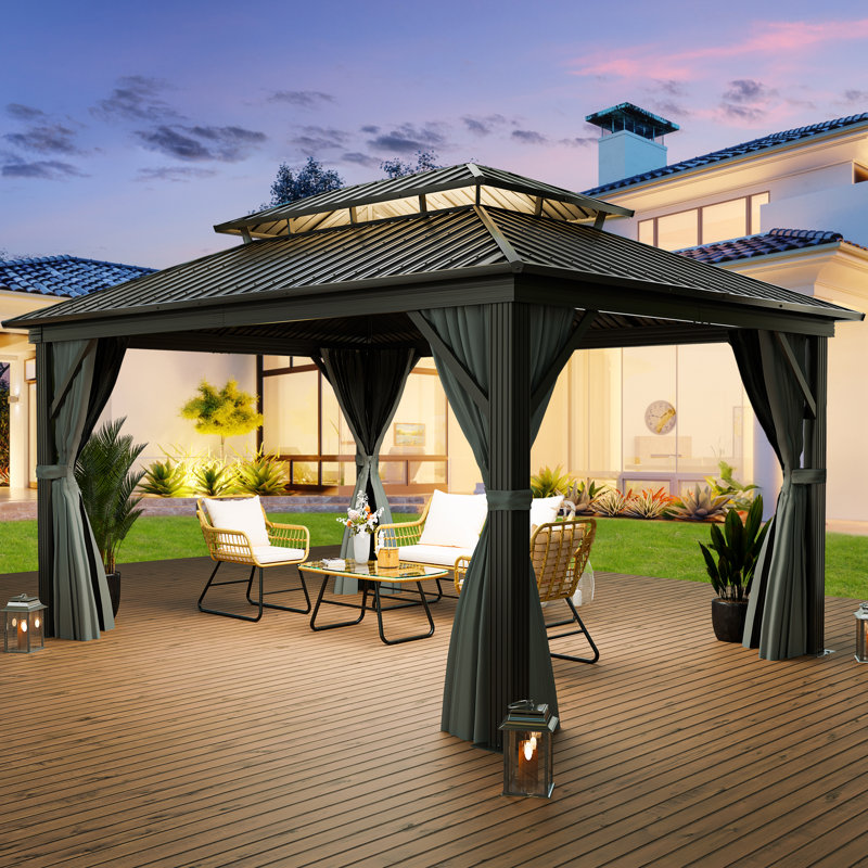 Pavillon de jardin en aluminium avec rideau et filet, 16 pi x 12 pi