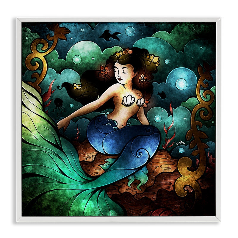 «Vivid Deco Mermaid», dessin de Mandie Manzano, H 12 po x l 12 po, Estampe numérique encadrée blanc bord de mer