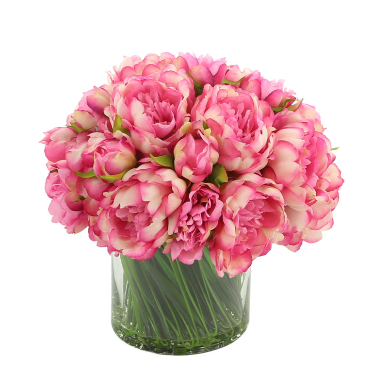 Peony Arrangement in Glass Vase with Grass, Pink Fuchsia