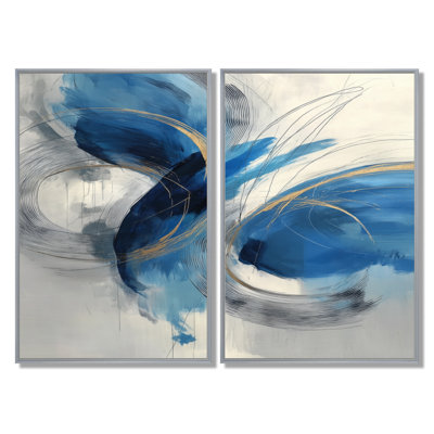 Tourbillon abstrait dans des tons bleus et blancs - Art encadré, art mural sur toile bleu minimaliste 2 pièces