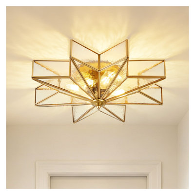 Brass Star Flush Mount Ceiling Light with Clear Glass Shade, 20-Inch Mid-Century Moravian Style Fixture for Bedroom, Foyer, and Dining Room