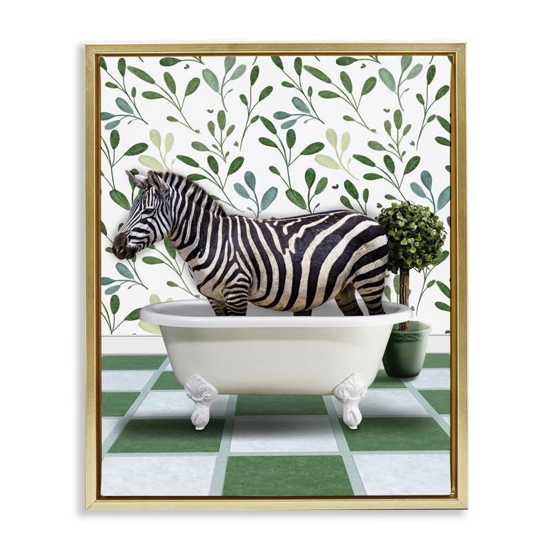 «Zebra in Green Bathroom Floater Canvas» par Marcus Prime, Cadre flottant métallique doré, H 21 po x l 17 po