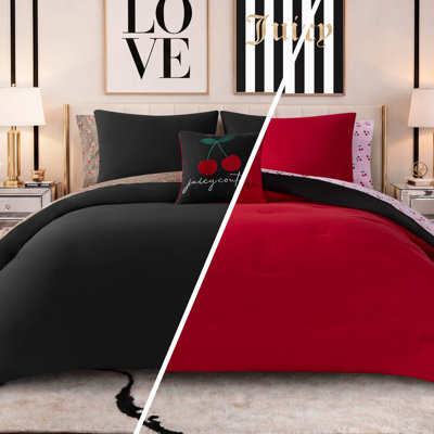 Juicy Couture Cherry Toss Cheetah Solid Reversible Comforter Bed in a Bag