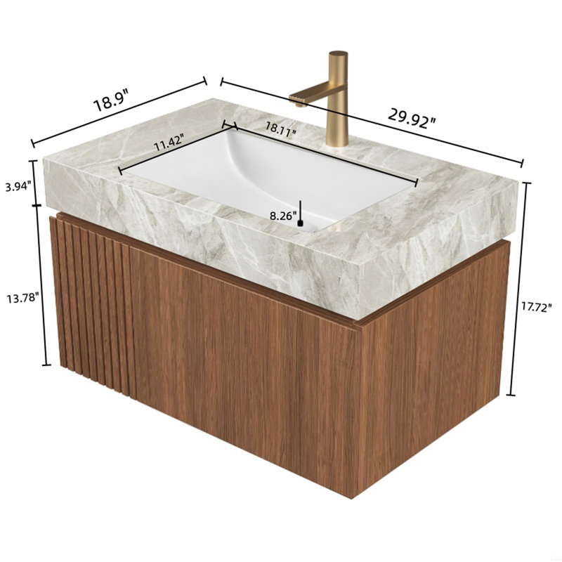 Meuble-lavabo de salle de bain de 30 po avec lavabo MURI, armoire de rangement murale en contreplaqué avec tiroir et porte, comptoir en pierre frittée gris clair et lavabo en céramique, pré-assemblé, couleur grain de bois de chêne brun
