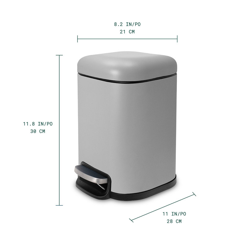 Poubelle à pédale carrée en acier inoxydable brossé de qualité supérieure 1,6 gallons Acento, Gris