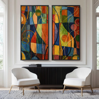 Art mural coloré sur toile à motif géométrique abstrait coloré - ensemble de 2, reproduction d'art encadrée sur toile 60 po x 20 po x 2, 60 po x 30 po x 2