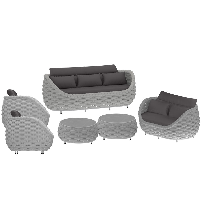 7 Person Outdoor Patio Hand-Woven Rope Powder-Coated Aluminum Sofa Indoor/Outdoor Conversation Set For Bistro Garden Balcony Porch Deck Backyard Cafe
