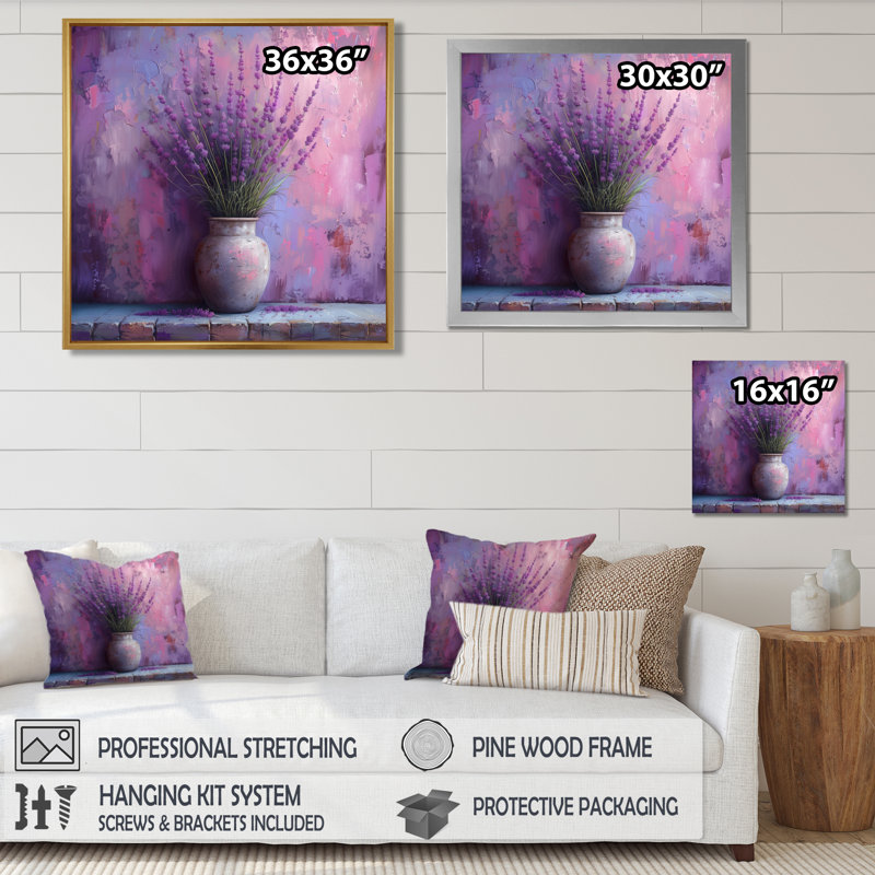 Impression d'art mural mauve, poterie bleue, lavande et rêves - lavande, Cadre flottant doré, H 36 po x l 36 po