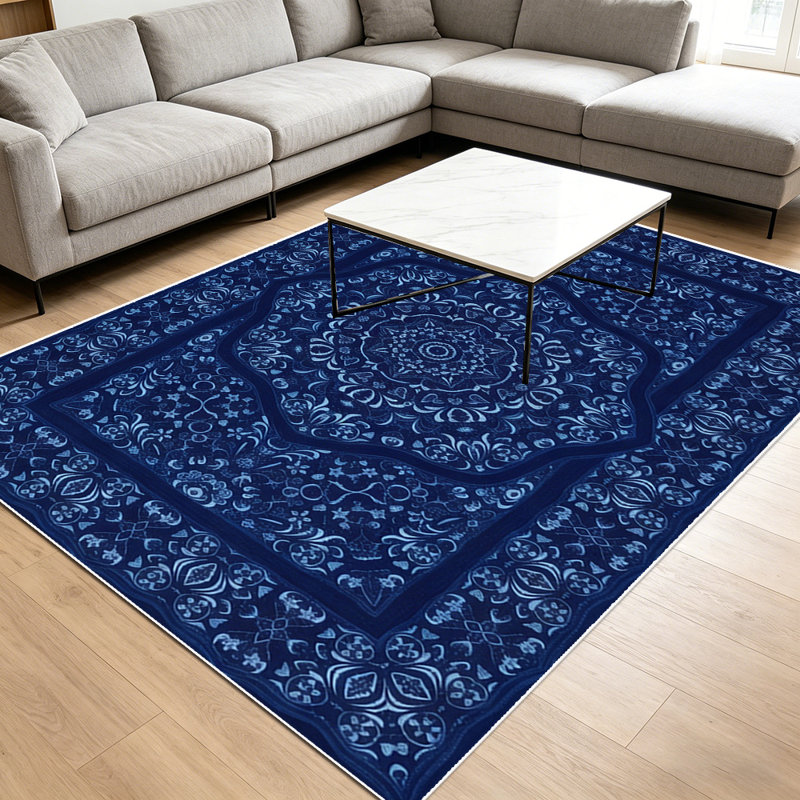 1PC Vintage Navy Blue Bohemian Medallion Floral area rugs, Soft and Comfortable, easy-to-maintain, machine washable Indoor floor mat, suitable for living room, bedroom, dining room, hallway, entryway, backyard patio, Home Decor, Outdoor Decor.