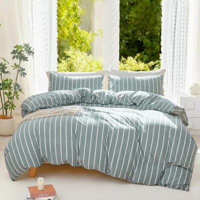 DONEUS 100% Washed Cotton Striped Duvet Cover Set Natural Linen Like Textured Bedding Set 3 Pieces with Zipper Closure