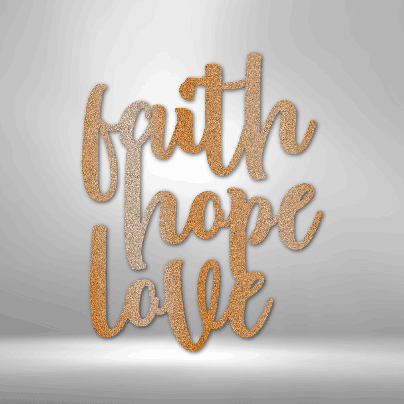 Faith Hope Love, H 14,25 po x l 14,5 po x P 0,5 po, Cuivre