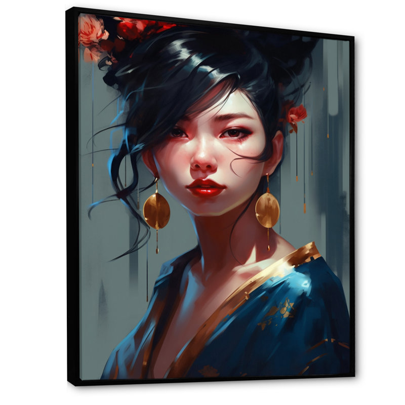 Dame japonaise élégante - peinture sur toile, H 32 po x l 16 po x P 1 po, Cadre flottant noir